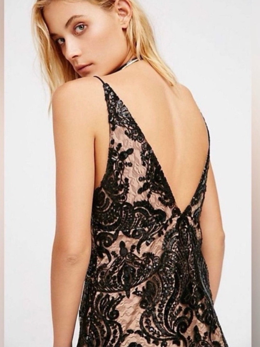 Free People Night Shimmer Sequin Lace Mini Dress Black Nude Underlay Size 2